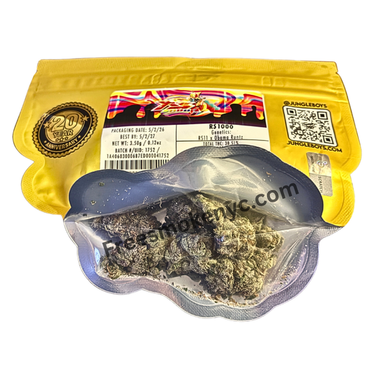 Jungle Boys RS1000 hybrid packaging and cannabis on a transparent background 