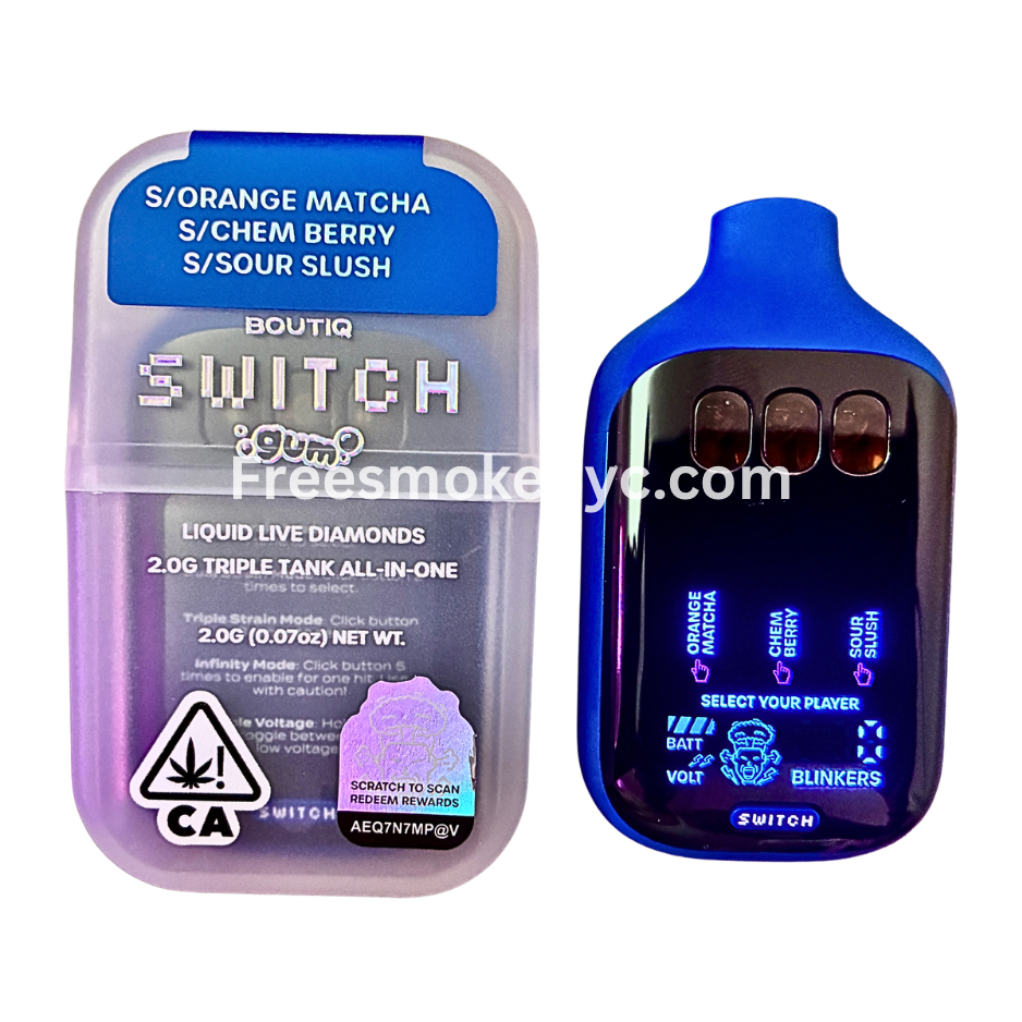 Boutiq Switch Gum Edition 3 strains in 1 Orange Matcha, Chem Berry, Sour Slush disposable vape device on transparent background 