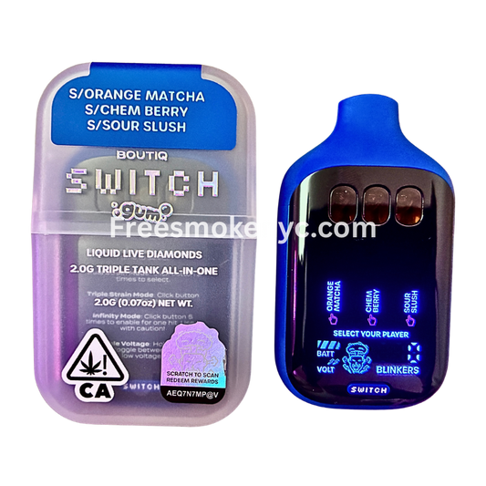 Boutiq Switch Gum Edition 3 strains in 1 Orange Matcha, Chem Berry, Sour Slush disposable vape device on transparent background 
