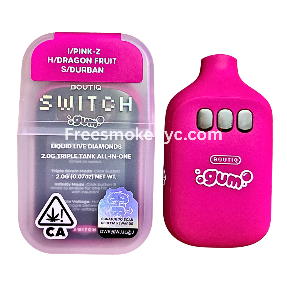 Boutiq Switch Gum Edition 3 strains in 1 disposable vape on transparent background 