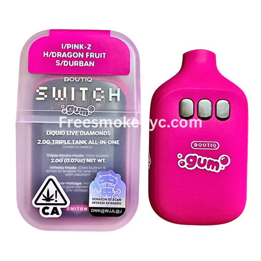 Boutiq Switch Gum Edition 3 strains in 1 disposable vape on transparent background 
