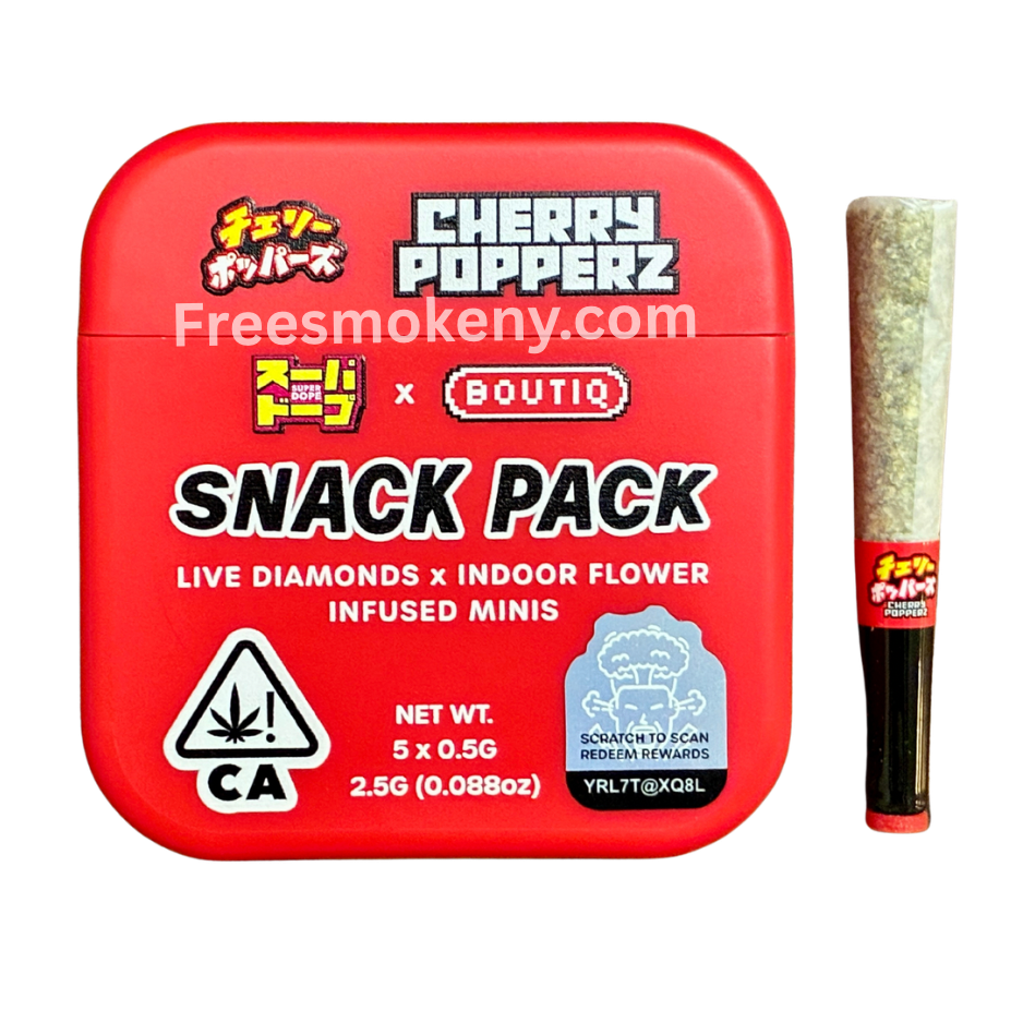 Super Dope x Boutiq Cherry Popperz infused pre-roll and packaging on a transparent background