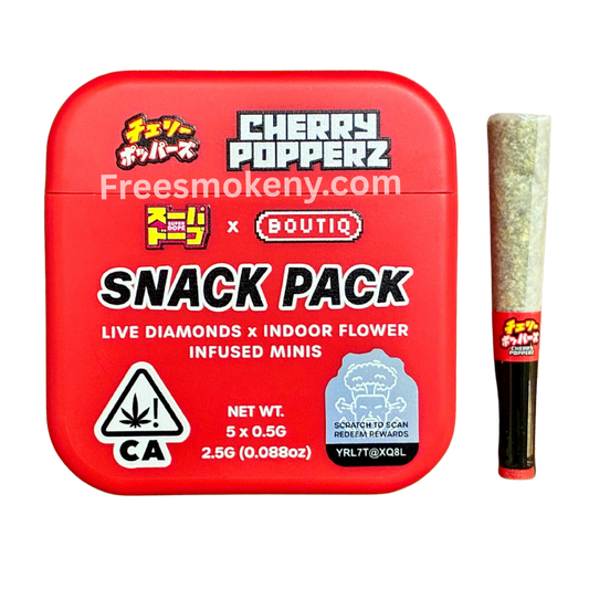 Super Dope x Boutiq Cherry Popperz infused pre-roll and packaging on a transparent background