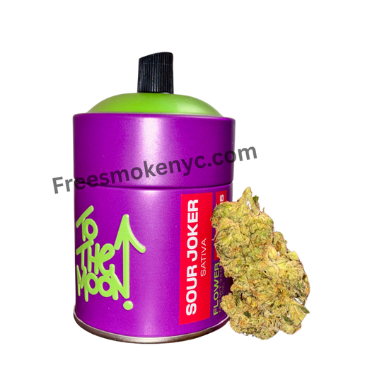 To the Moon Sour Joker cannabis buds and packaging on a transparent background 