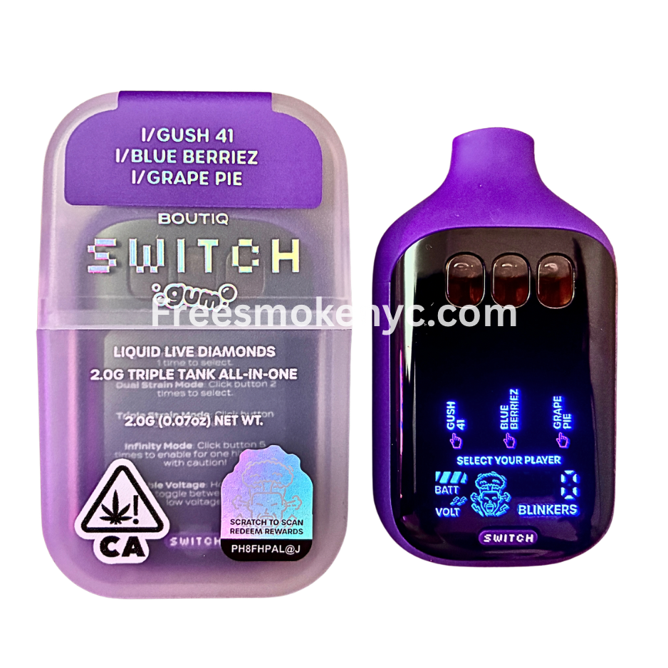 Boutiq Switch Gum Edition 3 strains in 1 Gush 41, Blue Berriez, Grape Pie disposable vape device on transparent background 