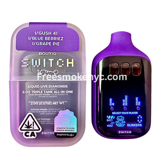 Boutiq Switch Gum Edition 3 strains in 1 Gush 41, Blue Berriez, Grape Pie disposable vape device on transparent background 