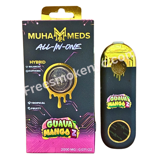 Muha Meds Lemon Guava Mango Z hybrid 2g Disposable Vape Pen and packaging on a transparent background 