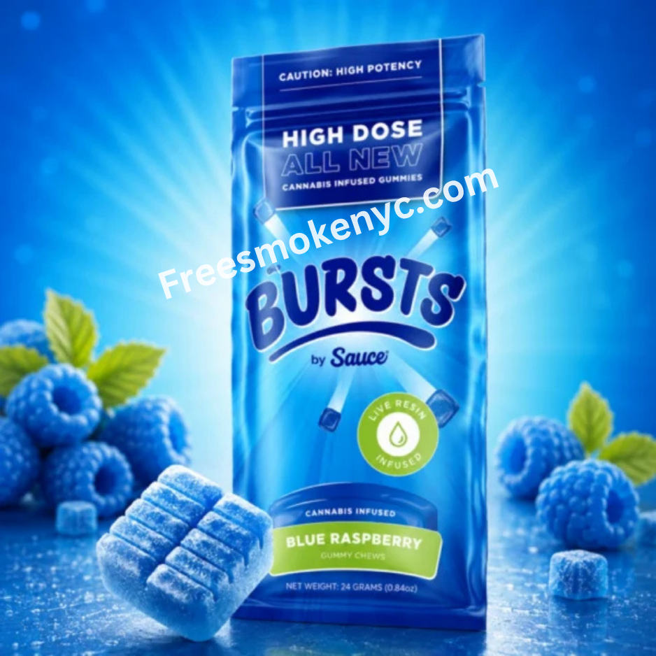 Bursts by Sauce Blue Raspberry Live Resin Infused Gummy and packaging on a colorful background 