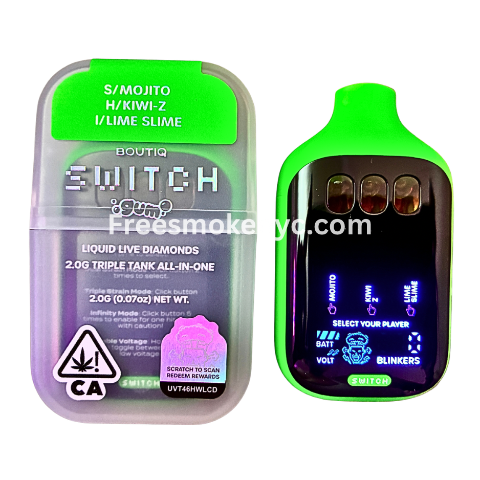 Boutiq Switch Gum Edition 3 strains in 1 Mojoto, Kiwi-Z, Lime Slime disposable vape on transparent background 
