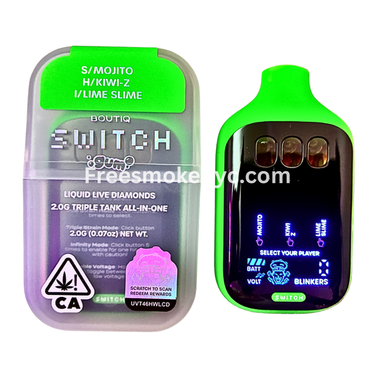 Boutiq Switch Gum Edition 3 strains in 1 Mojoto, Kiwi-Z, Lime Slime disposable vape on transparent background 

