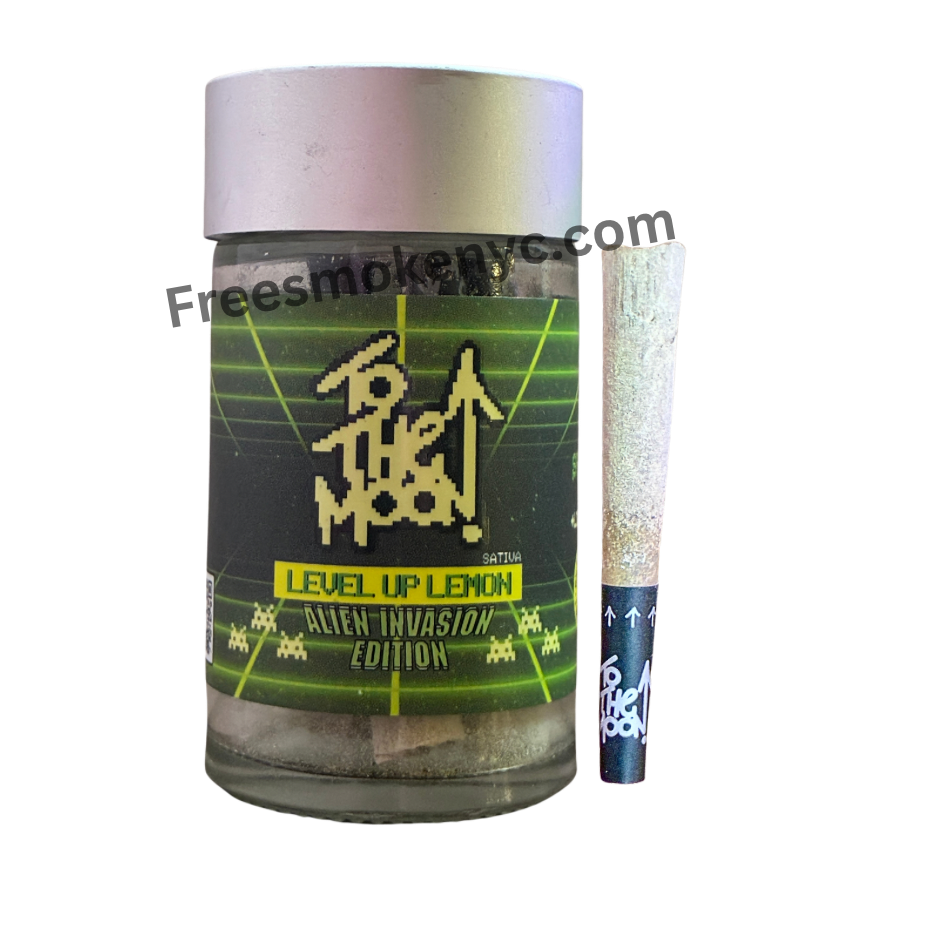 To the Moon Level Up Lemon mini infused preroll and packaging on a transparent background

