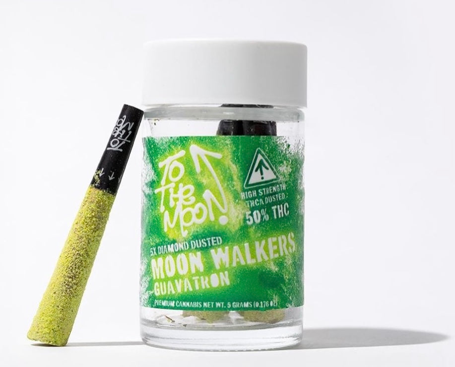 TO THE MOON - MOONWALKERS EDITION  "GUAVATRON"  5 INFUSED DIAMOND DUSTED PRE-ROLLS  1G PER JOINT - 5G JAR  HYBRID