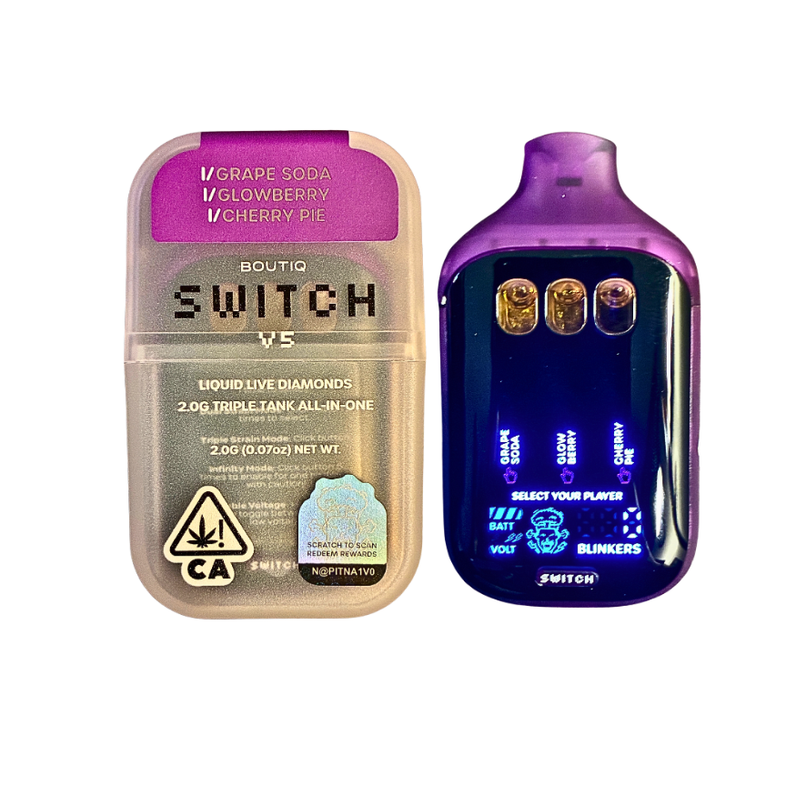 BOUTIQ SWITCH V5 (3 in 1)
”GRAPE SODA” x “GLOWBERRY” x “CHERRY PIE” (INDICA) DISPOSABLE VAPE