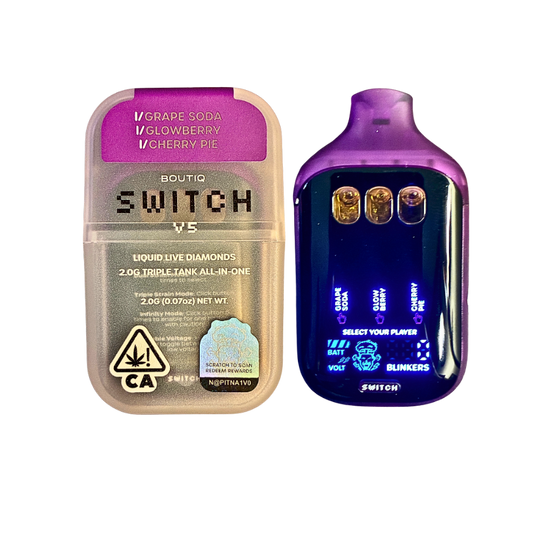 BOUTIQ SWITCH V5 (3 in 1)
”GRAPE SODA” x “GLOWBERRY” x “CHERRY PIE” (INDICA) DISPOSABLE VAPE