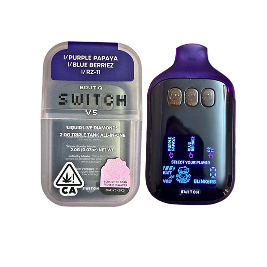 BOUTIQ SWITCH V5 (3 in 1)
”PURPLE PAPAYA” x “BLUE BERRIEZ” x “RZ-11” (INDICA) DISPOSABLE VAPE