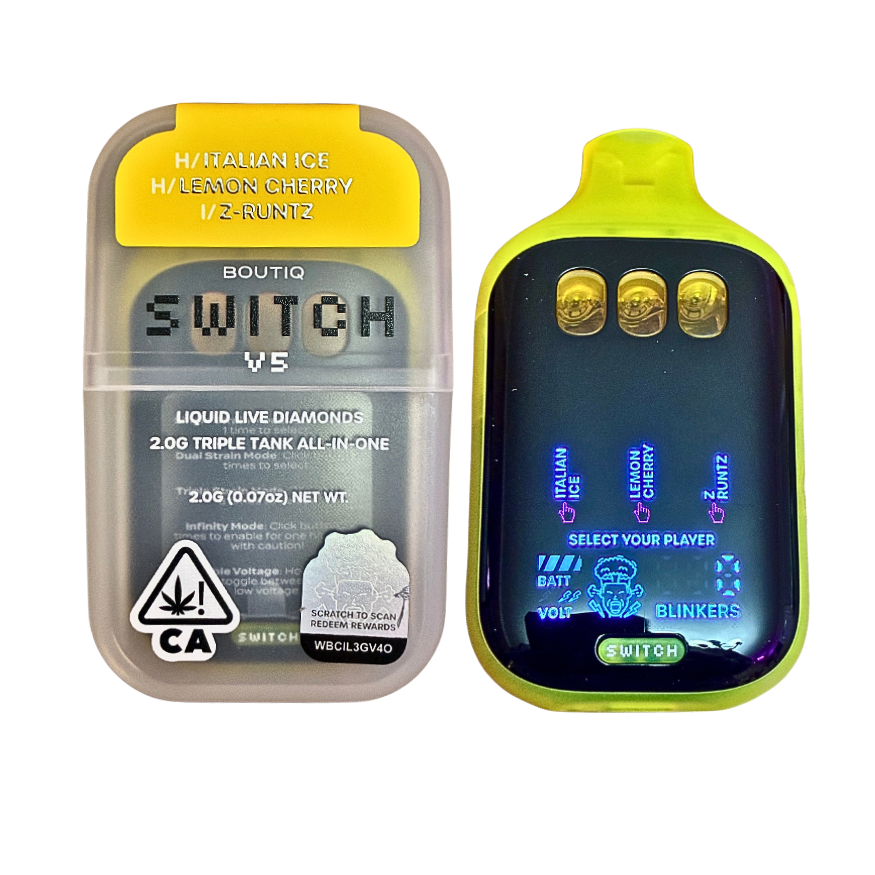 BOUTIQ SWITCH V5 (3 in 1)
“ITALIAN ICE” (HYBRID) x “LEMON CHERRY” (HYBRID) x “Z-RUNTZ” (INDICA) DISPOSABLE VAPE PEN
