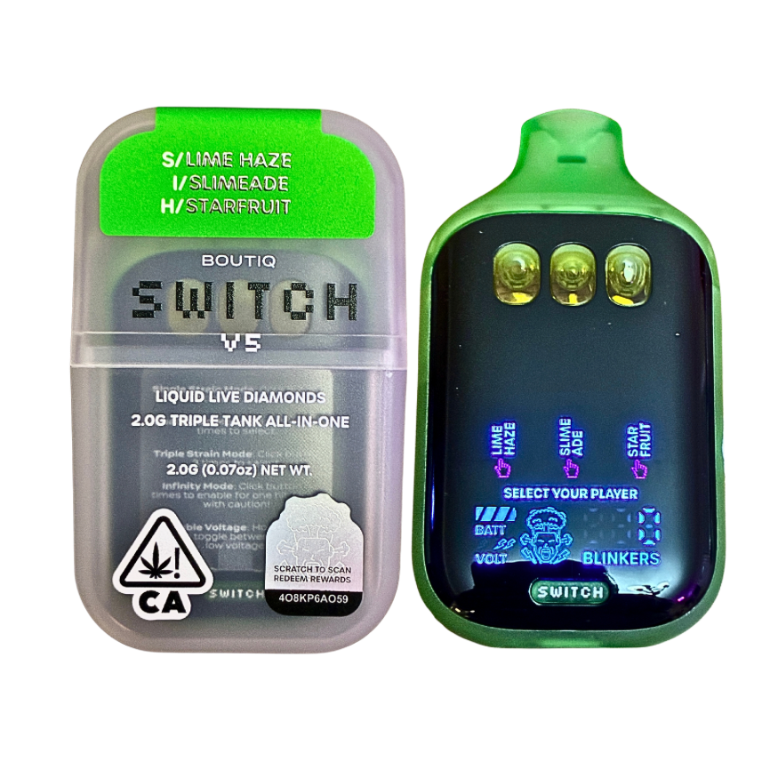 BOUTIQ SWITCH V5 (3 in 1)
“LIME HAZE” (SATIVA) x “SLIMEADE” (INDICA) x “STARFRUIT” (HYBRID) DISPOSABLE VAPE PEN