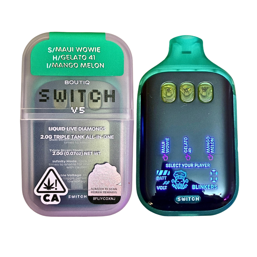 BOUTIQ SWITCH V5 (3 in 1)
“MAUI WOWIE” (SATIVA) x “GELATO 41” (HYBRID) x “MANGO MELON” (INDICA) DISPOSABLE VAPE PEN
