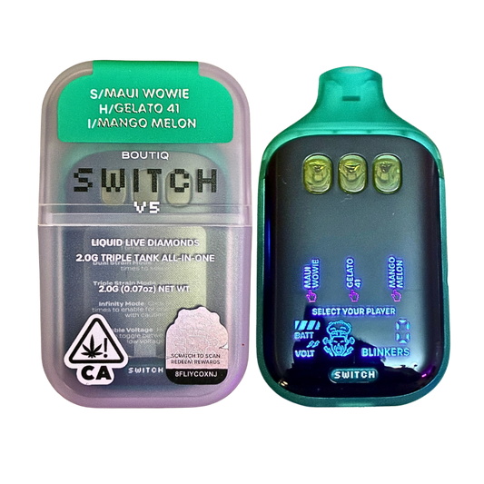 BOUTIQ SWITCH V5 (3 in 1)
“MAUI WOWIE” (SATIVA) x “GELATO 41” (HYBRID) x “MANGO MELON” (INDICA) DISPOSABLE VAPE PEN