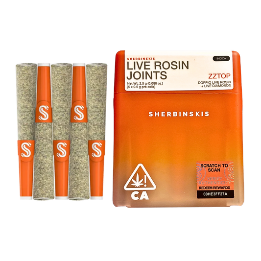 SHERBINSKIS "ZZTOP" LIVE ROSIN INFUSED PRE-ROLLS; INDICA STRAIN