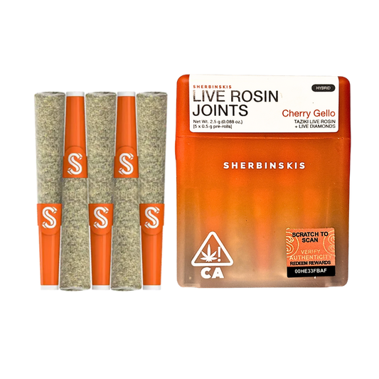 SHERBINSKIS "CHERRY GELLO" LIVE ROSIN INFUSED PRE-ROLLS; HYBRID STRAIN 