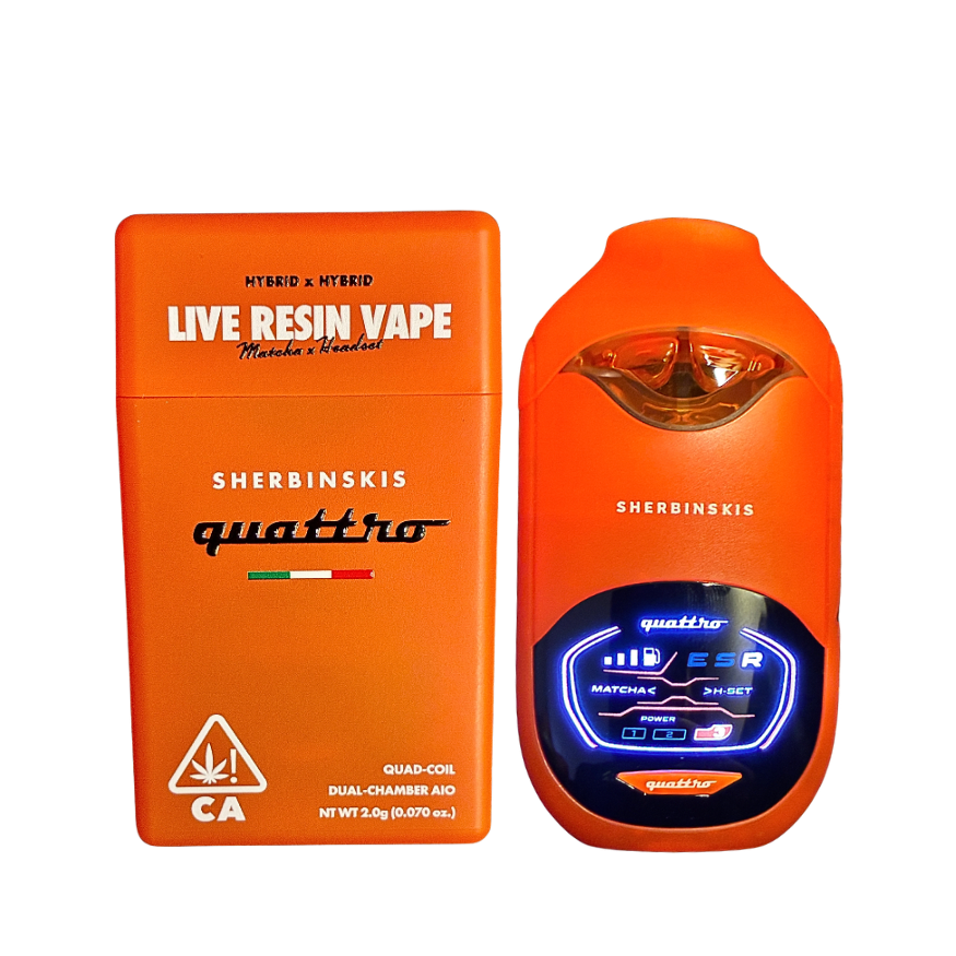 Alt text: "Sherbinskis Quattro Dual Chamber Sherbinski vape Matcha and Headset hybrid strains, with digital screen on a transparent background