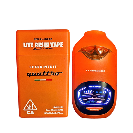 Alt text: "Sherbinskis Quattro Dual Chamber Sherbinski vape Matcha and Headset hybrid strains, with digital screen on a transparent background