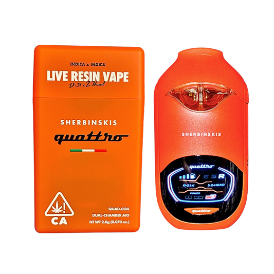 Sherbinskis Quattro Dual Chamber Vape featuring D-31 and Z-Head Indica strains, with a digital screen, on a transparent background.