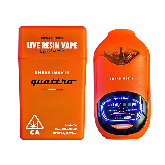Sherbinskis Quattro Dual Chamber Vape featuring Taziki Indica and Sunset-Z Hybrid strains, with a digital screen, on a transparent background
