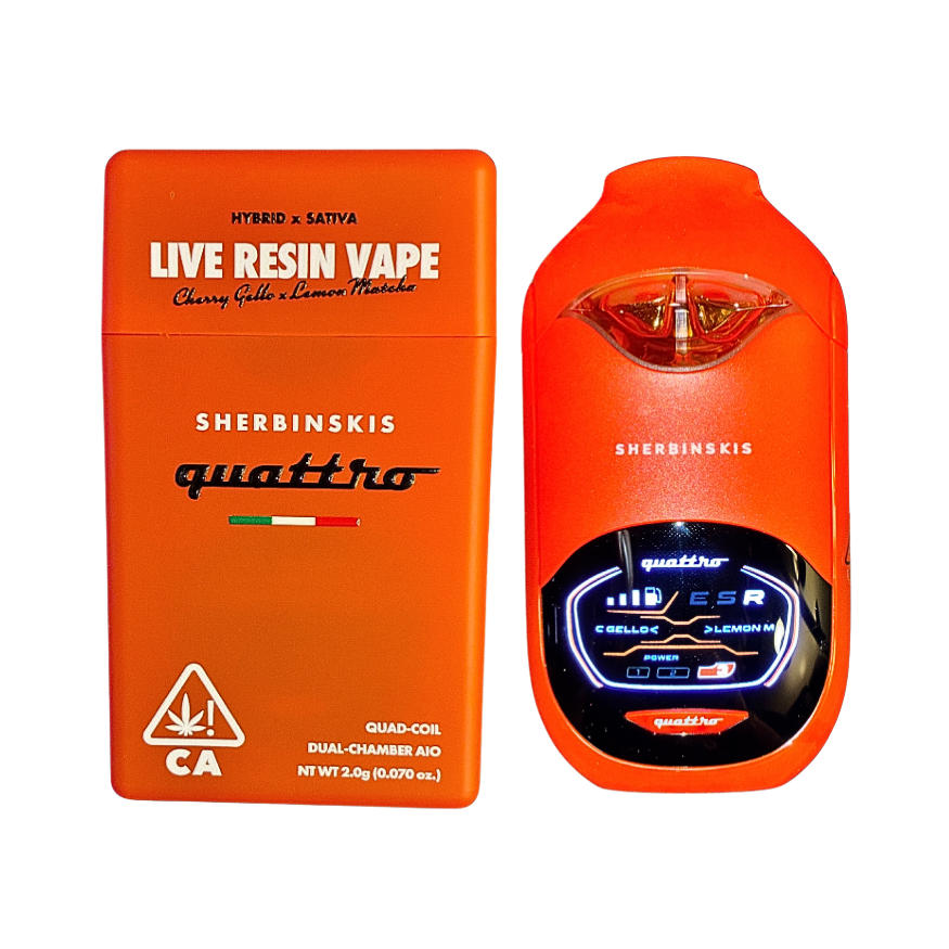 Sherbinskis Quattro Dual Chamber Vape featuring Perm 41 and Panama Cotta Indica strains, with a digital screen, on a transparent background.