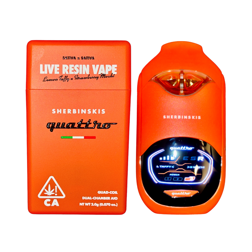 Sherbinskis Quattro Dual Chamber Vape featuring Lemon Taffy and Strawberry Mochi Sativa strains, with a digital screen, on a transparent background