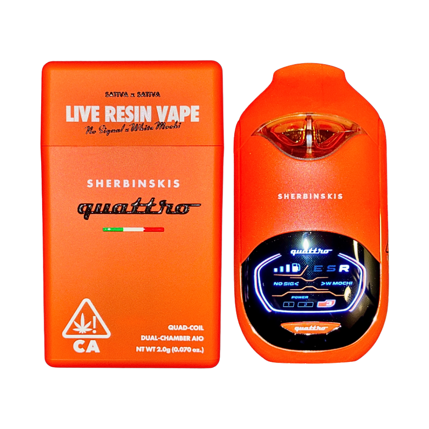 Sherbinskis Quattro Dual Chamber Vape with No Signal and White Mochi Sativa strains, featuring a digital screen, on a transparent background