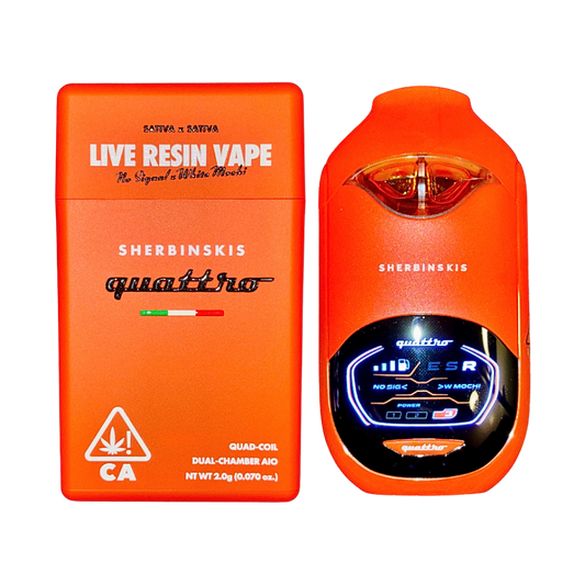 Sherbinskis Quattro Dual Chamber Vape with No Signal and White Mochi Sativa strains, featuring a digital screen, on a transparent background