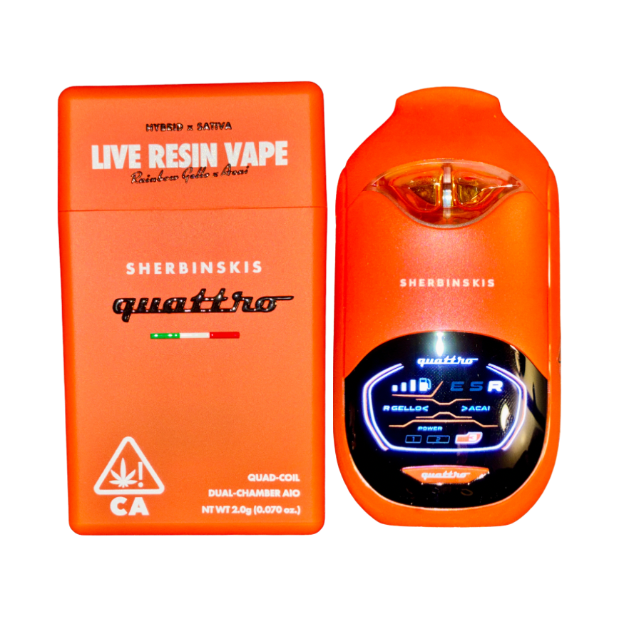 Sherbinskis Quattro Dual Chamber Vape with Rainbow Gello Hybrid and Açaí Sativa strains, featuring a digital screen, on a transparent background