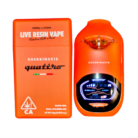 Sherbinskis Quattro Dual Chamber Vape with Rainbow Gello Hybrid and Açaí Sativa strains, featuring a digital screen, on a transparent background