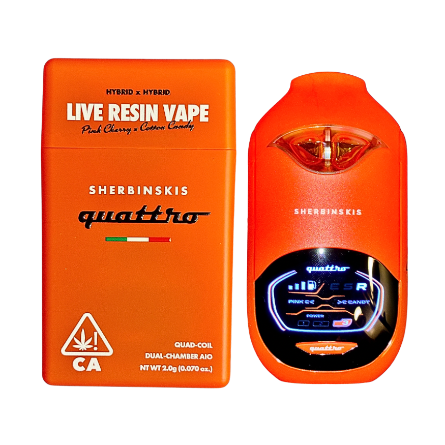 Sherbinskis Quattro Dual Chamber Vape with Pink Cherry and Cotton Candy Hybrid strains, featuring a digital screen, on a transparent background