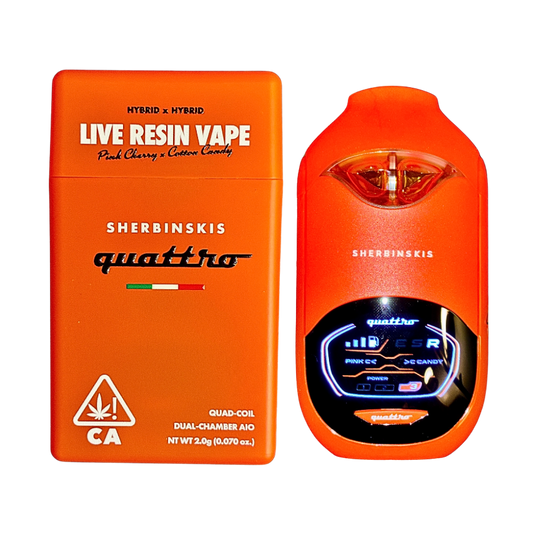 Sherbinskis Quattro Dual Chamber Vape with Pink Cherry and Cotton Candy Hybrid strains, featuring a digital screen, on a transparent background