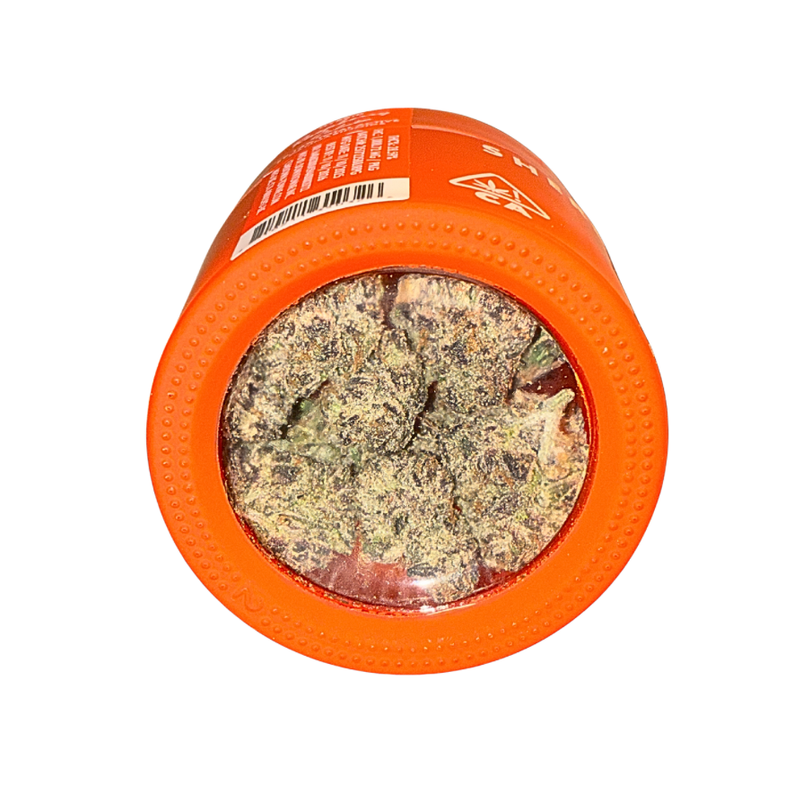 Sherbinskis Exotic Cannabis Flower, Raspberry Gelato Hybrid strain, with vivid buds and elegant packaging on a transparent background