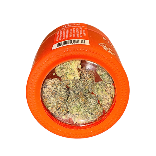 Sherbinskis Exotic Cannabis Flower, Gush Indica strain, featuring lush, dense buds and premium packaging on a transparent background.