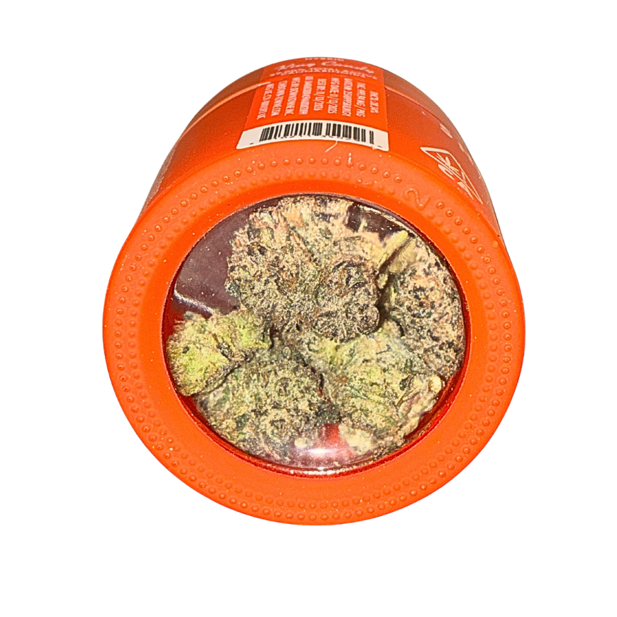 Sherbinskis Exotic Cannabis Flower, King Candy Hybrid strain, showcasing vivid, aromatic buds in premium packaging on a transparent background.