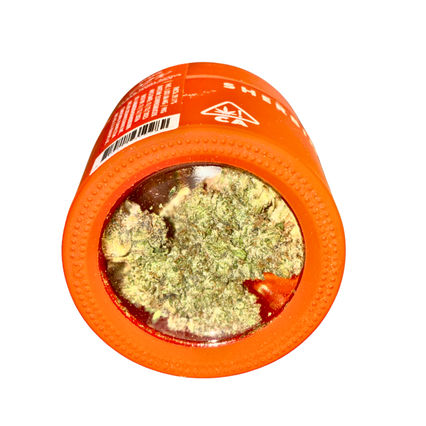 Sherbinskis Exotic Cannabis Flower, OZK Hybrid strain, highlighting vibrant, aromatic buds in premium packaging on a transparent background
