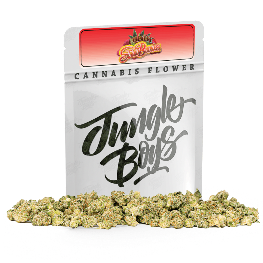 Hardcore Strawberries cannabis flower and packaging on a transparent background.