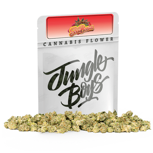 Hardcore Strawberries cannabis flower and packaging on a transparent background.