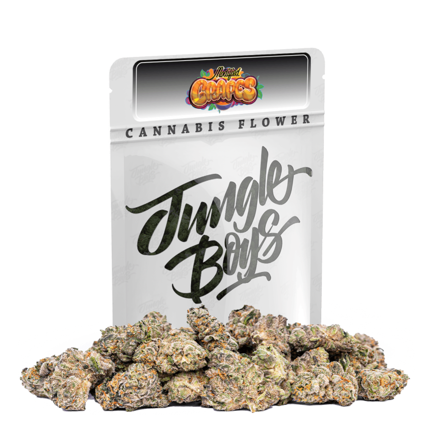 Modified Grapes strain packaging and cannabis flower on a transparent background.