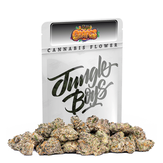 Modified Grapes strain packaging and cannabis flower on a transparent background.