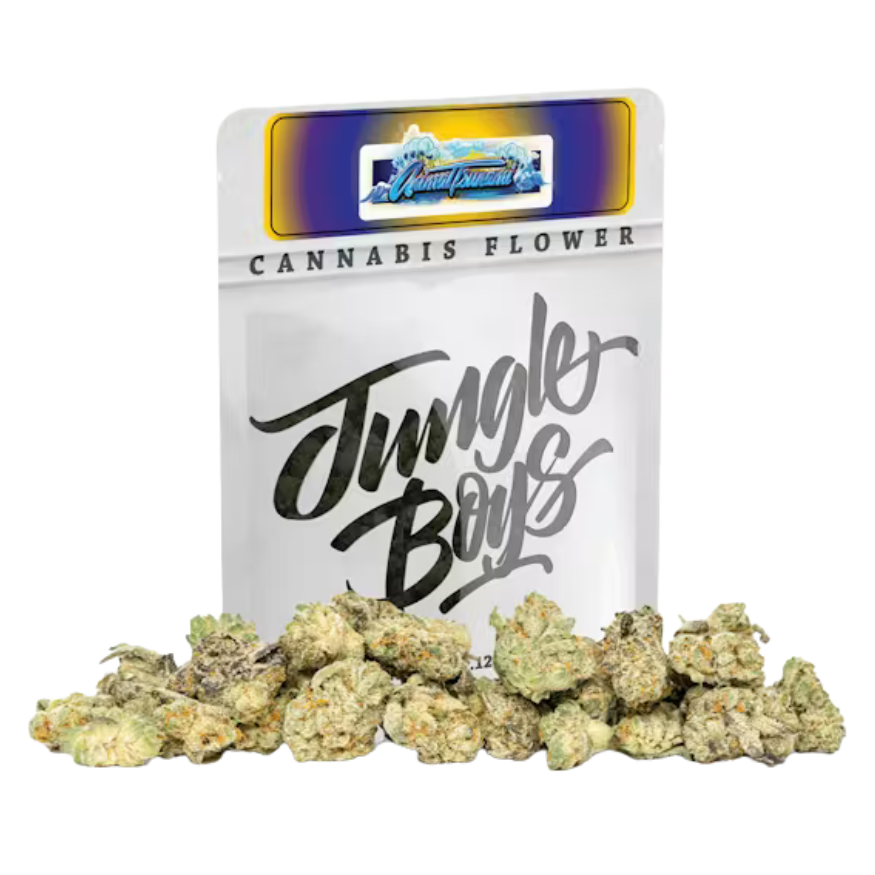 Animal Tsunami strain packaging and cannabis flower on a transparent background.