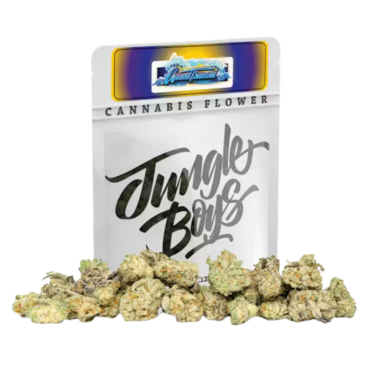 Animal Tsunami strain packaging and cannabis flower on a transparent background.