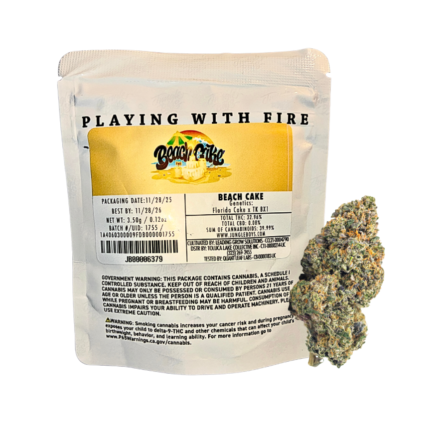 Beach Cake cannabis strain packaging and flower on a transparent background.
