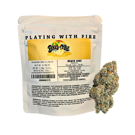 Beach Cake cannabis strain packaging and flower on a transparent background.