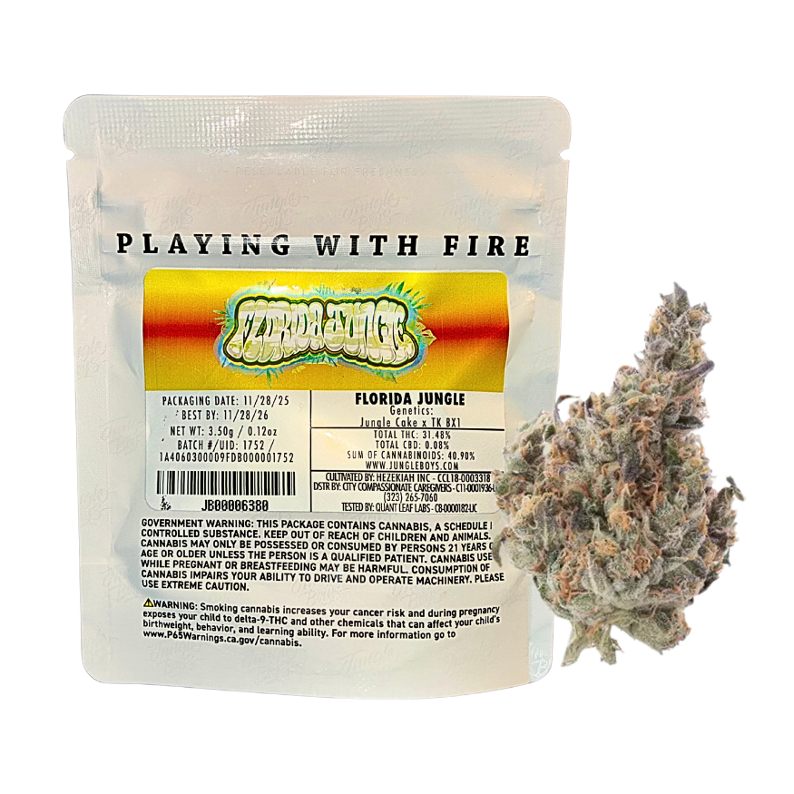 Florida Jungle strain packaging and cannabis flower on a transparent background.